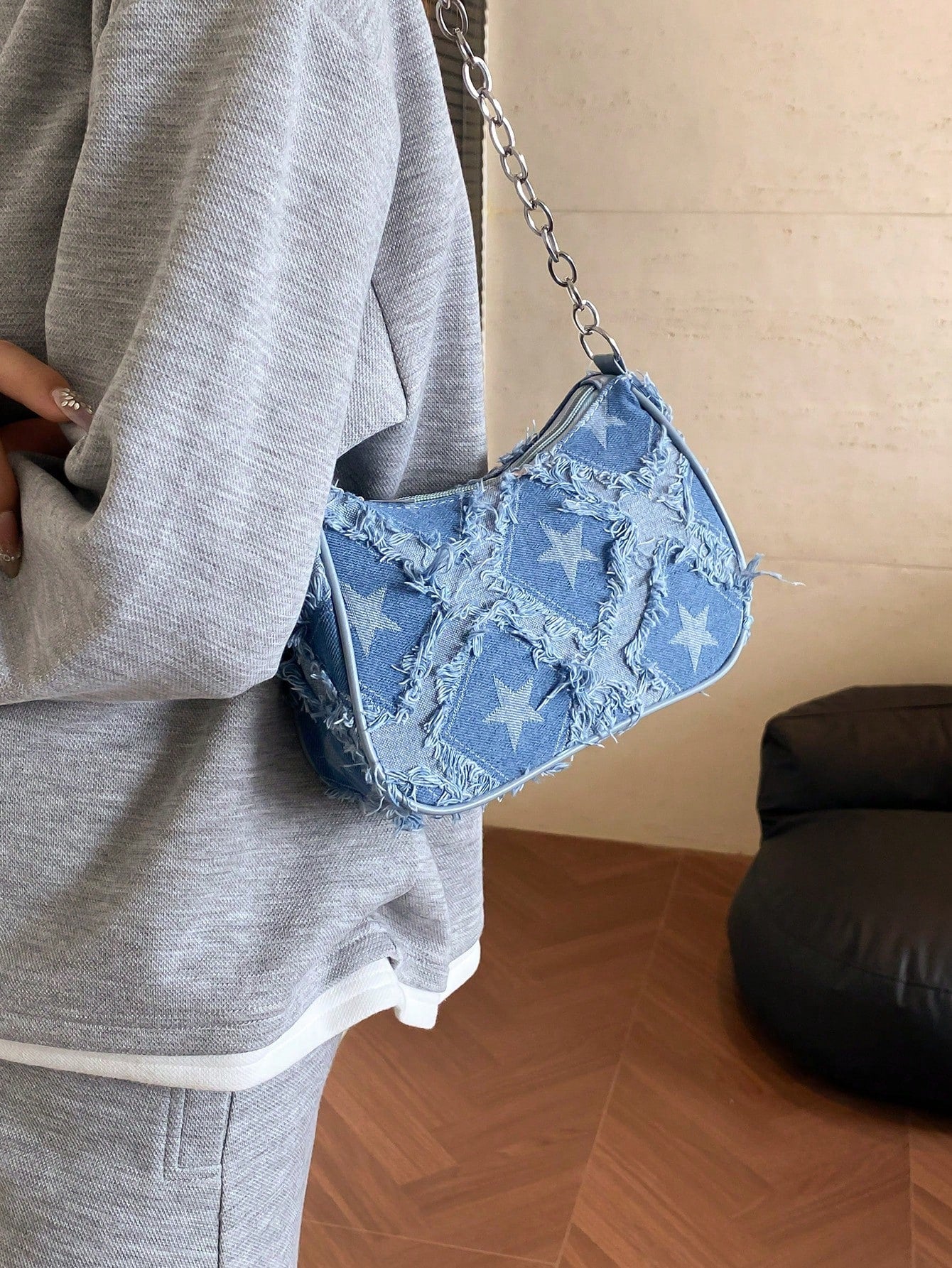 Women's Decorative Buckle Detail Stitching Chain Strap Shoulder Bag, Street Fashion Bohemian Style