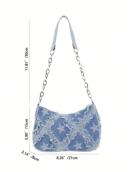 Women's Decorative Buckle Detail Stitching Chain Strap Shoulder Bag, Street Fashion Bohemian Style