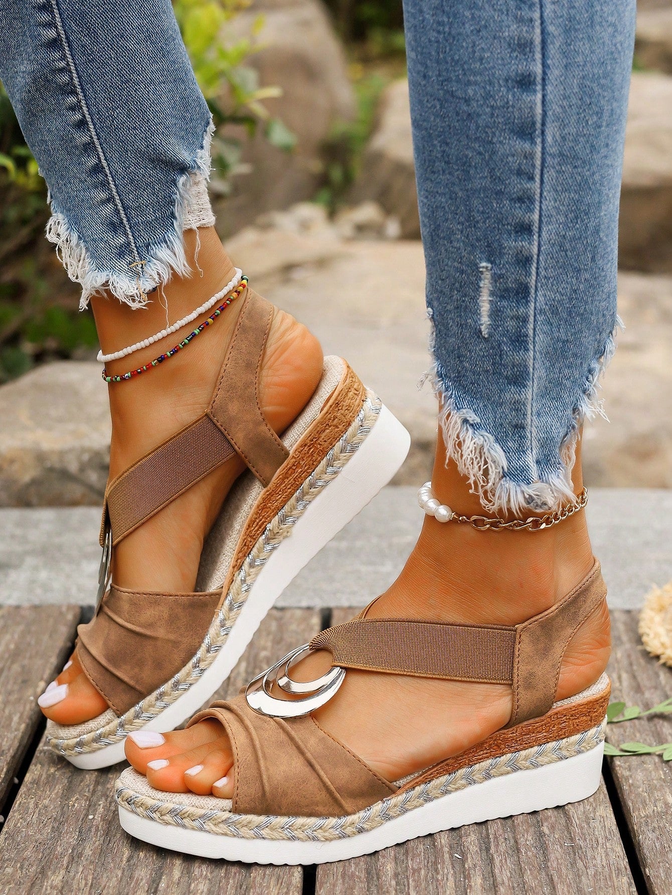 Women's Elastic Sandals, New Summer Platform Wedge Heels, Straw Woven Lightweight Soles, Vacation Style Versatile, Mesh Skirt Suitable, Brown Color, Open Toe Casual Sandals For Women,Travel Essential