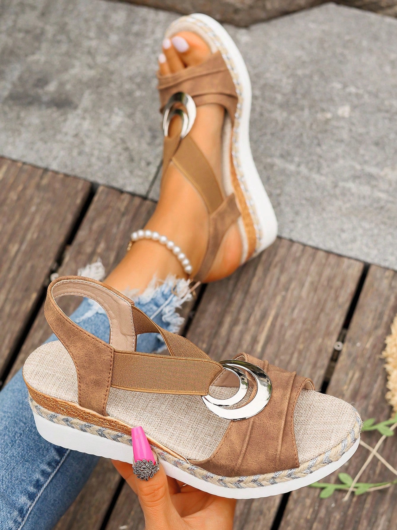 Women's Elastic Sandals, New Summer Platform Wedge Heels, Straw Woven Lightweight Soles, Vacation Style Versatile, Mesh Skirt Suitable, Brown Color, Open Toe Casual Sandals For Women,Travel Essential