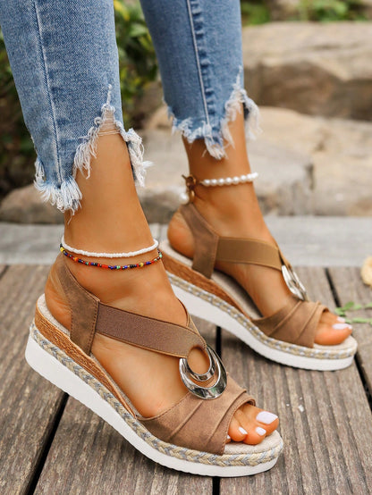 Women's Elastic Sandals, New Summer Platform Wedge Heels, Straw Woven Lightweight Soles, Vacation Style Versatile, Mesh Skirt Suitable, Brown Color, Open Toe Casual Sandals For Women,Travel Essential