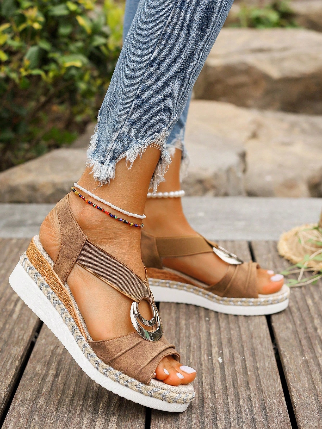 Women's Elastic Sandals, New Summer Platform Wedge Heels, Straw Woven Lightweight Soles, Vacation Style Versatile, Mesh Skirt Suitable, Brown Color, Open Toe Casual Sandals For Women,Travel Essential