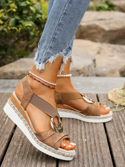 Women's Elastic Sandals, New Summer Platform Wedge Heels, Straw Woven Lightweight Soles, Vacation Style Versatile, Mesh Skirt Suitable, Brown Color, Open Toe Casual Sandals For Women,Travel Essential
