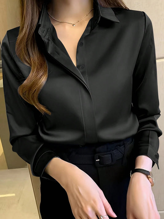 Women's Elegant Black Long Sleeve Blouse, Semi-Sheer Polyester Material With Button Details, Suitable For Spring/Summer/Autumn