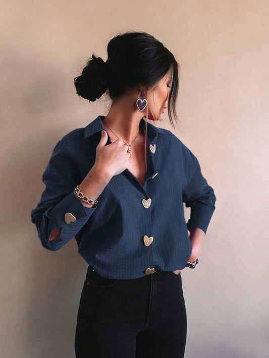Women's Elegant Casual Minimalist Daily Commute Blue Striped Heart Button Basic Shirt, Autumn, Business Casual, New Year, Elegant Party, Elegant Casual Top, Heart Button Shirt, Four-Season, Valentine'