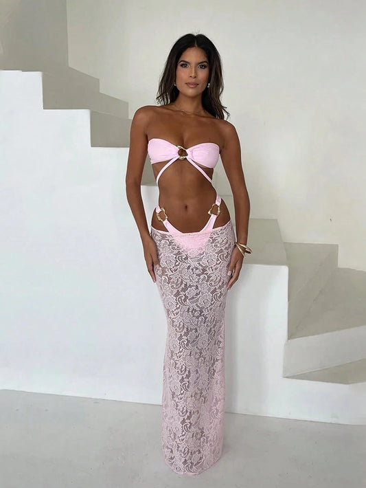 Women's Elegant Fashion Pink Sexy Metal Buckle Decor Casual Bikini Set Set With Lace Skirt Summer Vacation Beach