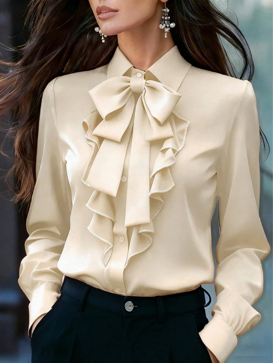 Women's Elegant Long Sleeve Blouse, Apricot Color With Tie Collar, Ruffle Trim And Bow Details, Regular Fit Top, Suitable For Work, Spring, Autumn