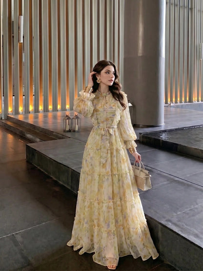 Women's Elegant Modern Romantic Floral Long Sleeve Ruffle Patchwork Design Slimming Flared Dress Vacation