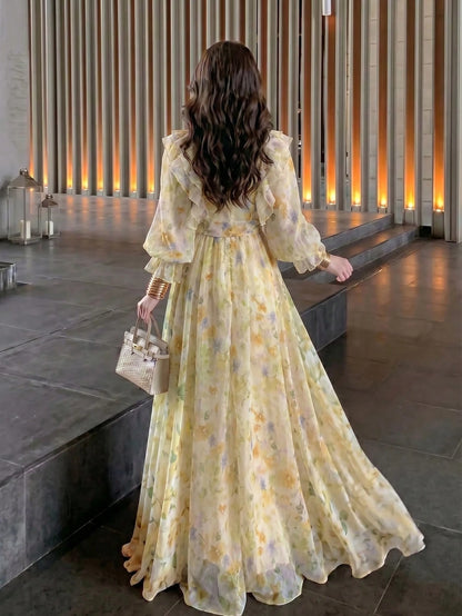 Women's Elegant Modern Romantic Floral Long Sleeve Ruffle Patchwork Design Slimming Flared Dress Vacation
