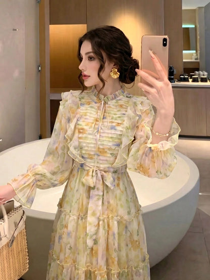 Women's Elegant Modern Romantic Floral Long Sleeve Ruffle Patchwork Design Slimming Flared Dress Vacation