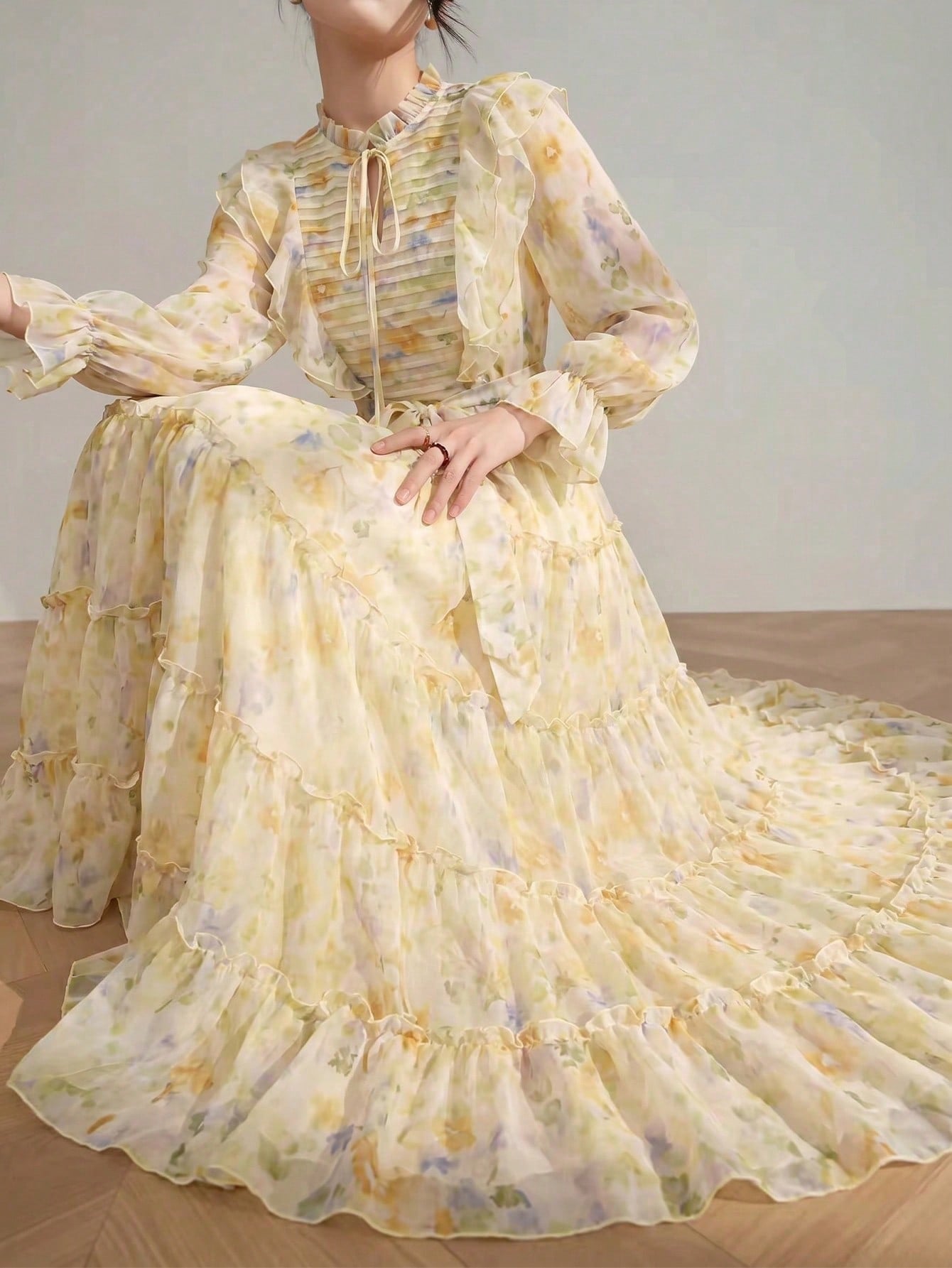 Women's Elegant Modern Romantic Floral Long Sleeve Ruffle Patchwork Design Slimming Flared Dress Vacation