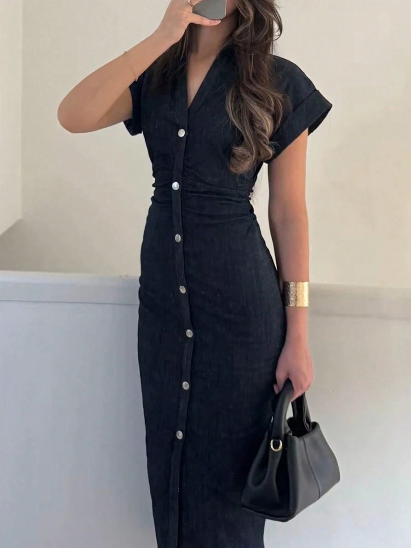 Women's Elegant Pleated Single-Breasted Fashionable Short Sleeve Collared Solid Color Dress, Woven Fabric, Summer, Quiet Luxury