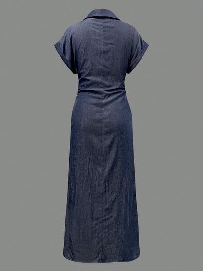 Women's Elegant Pleated Single-Breasted Fashionable Short Sleeve Collared Solid Color Dress, Woven Fabric, Summer, Quiet Luxury