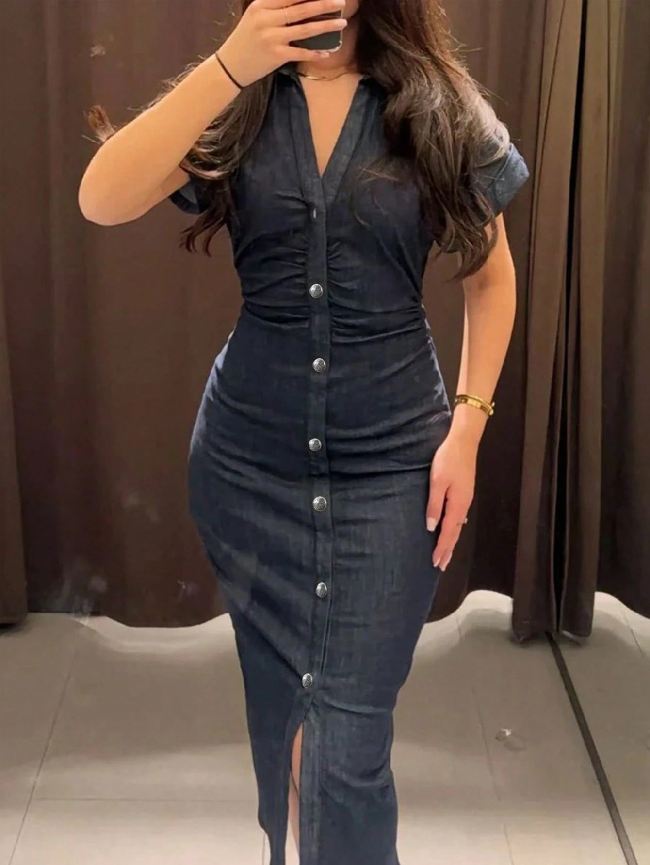 Women's Elegant Pleated Single-Breasted Fashionable Short Sleeve Collared Solid Color Dress, Woven Fabric, Summer, Quiet Luxury