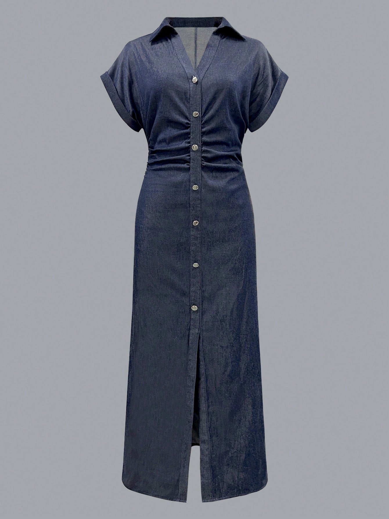 Women's Elegant Pleated Single-Breasted Fashionable Short Sleeve Collared Solid Color Dress, Woven Fabric, Summer, Quiet Luxury