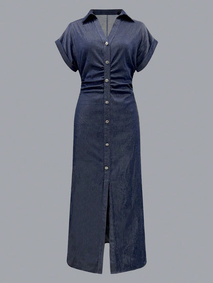 Women's Elegant Pleated Single-Breasted Fashionable Short Sleeve Collared Solid Color Dress, Woven Fabric, Summer, Quiet Luxury