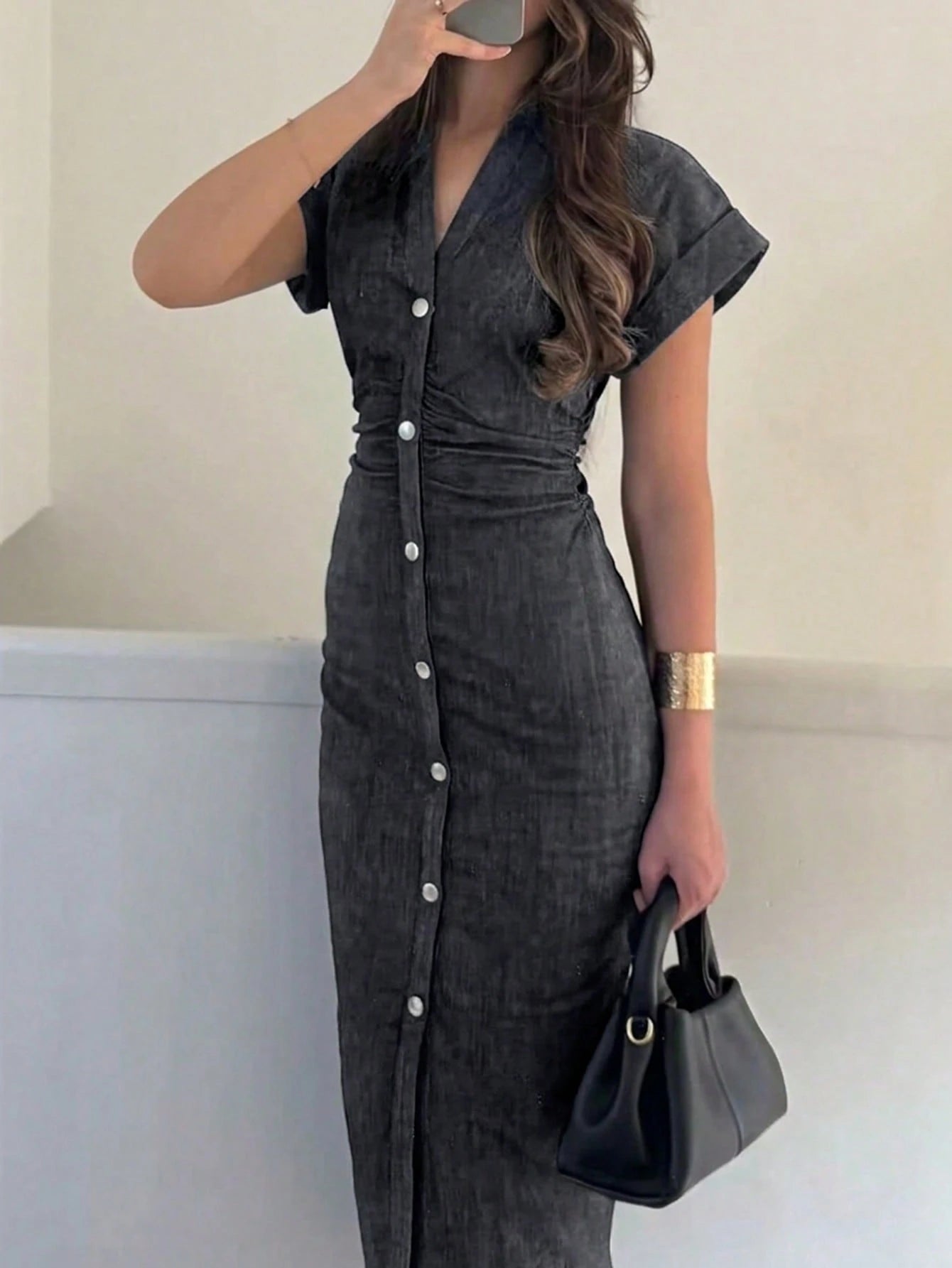 Women's Elegant Pleated Single-Breasted Fashionable Short Sleeve Collared Solid Color Dress, Woven Fabric, Summer, Quiet Luxury