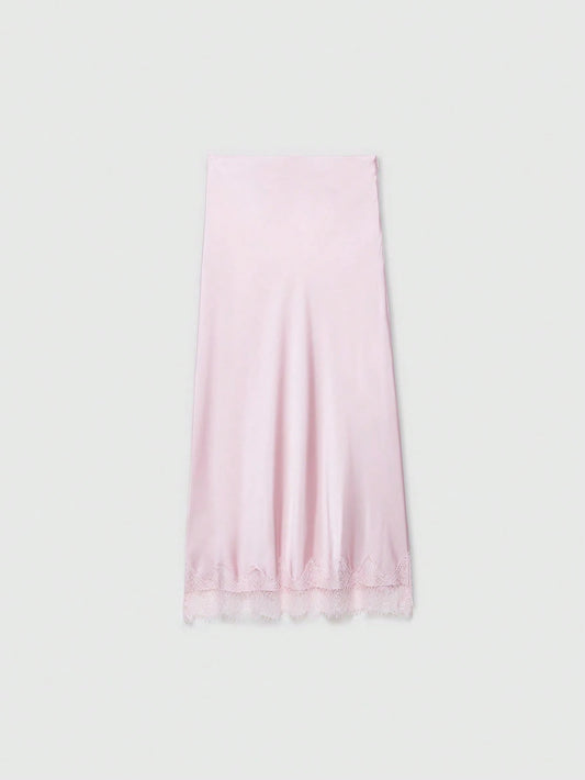 Women's Elegant Silk-Feel Contrast Lace Skirt Pink Summer