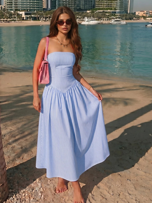 Women's Elegant Vacation Striped Bandeau Fashion Dress Summer, Aesthetic