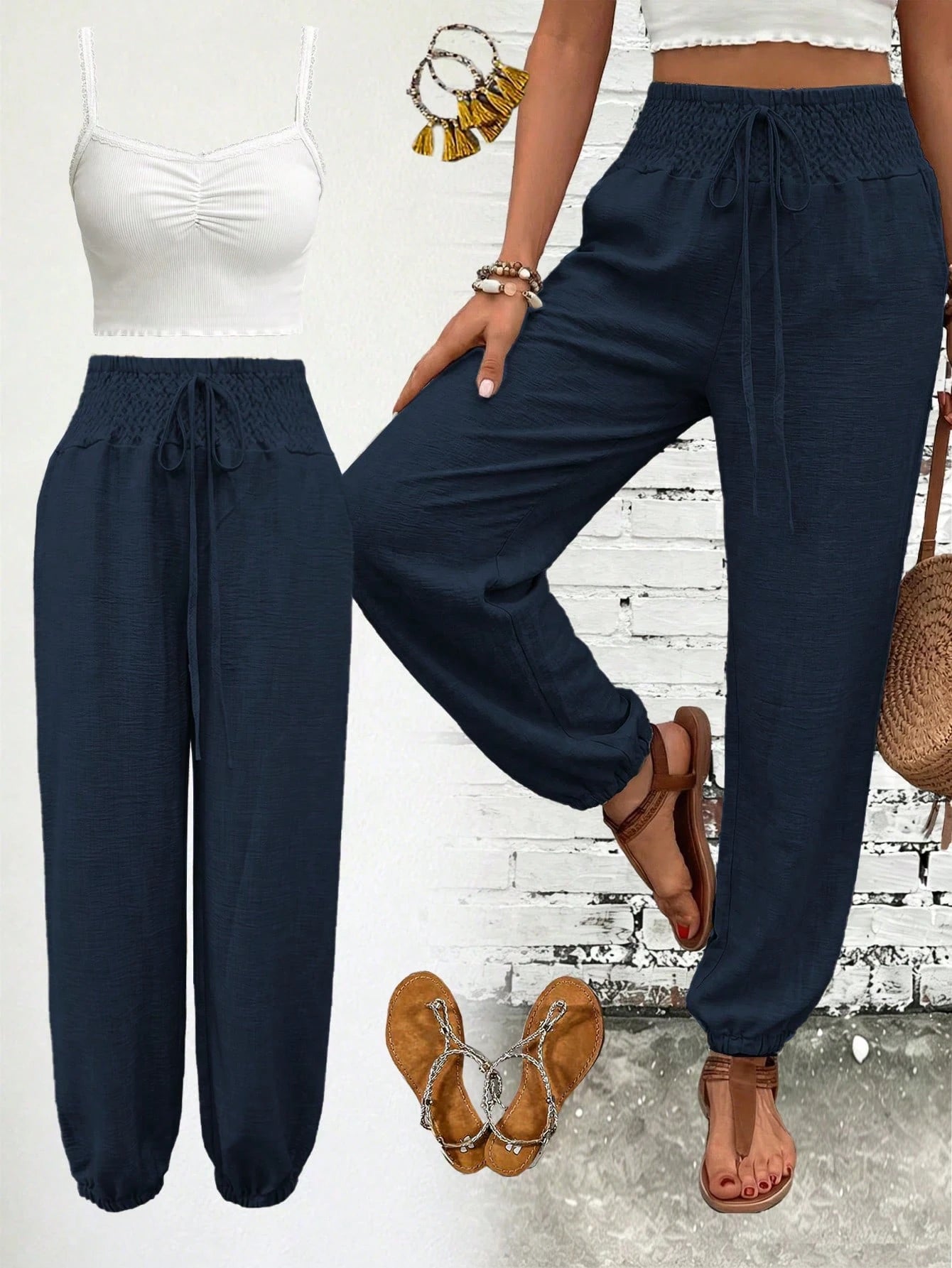 Women's Fashion Commute Solid Color Faux Linen Waist Tie Pocket Long Pants, Casual Fashion Trousers