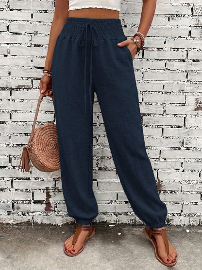 Women's Fashion Commute Solid Color Faux Linen Waist Tie Pocket Long Pants, Casual Fashion Trousers