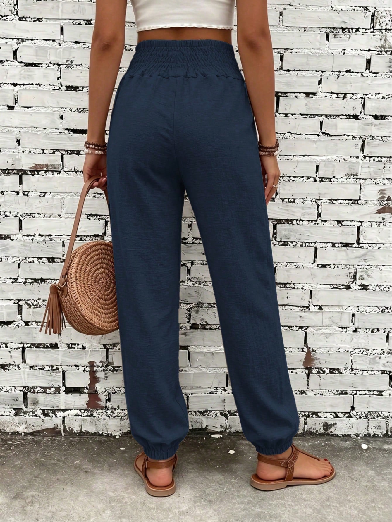 Women's Fashion Commute Solid Color Faux Linen Waist Tie Pocket Long Pants, Casual Fashion Trousers