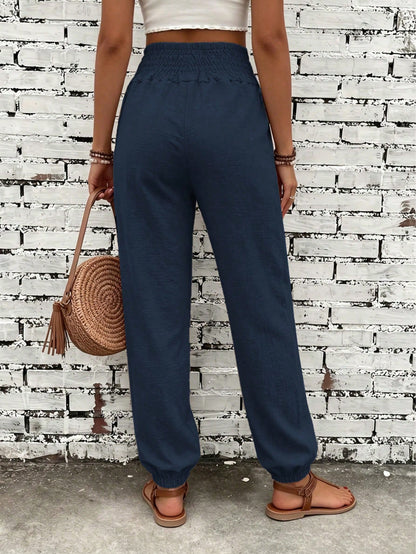 Women's Fashion Commute Solid Color Faux Linen Waist Tie Pocket Long Pants, Casual Fashion Trousers