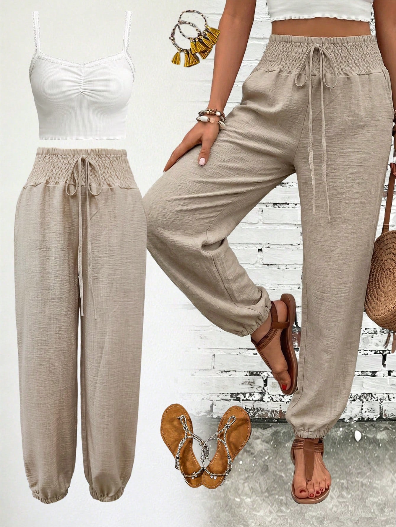 Women's Fashion Commute Solid Color Faux Linen Waist Tie Pocket Long Pants, Casual Fashion Trousers