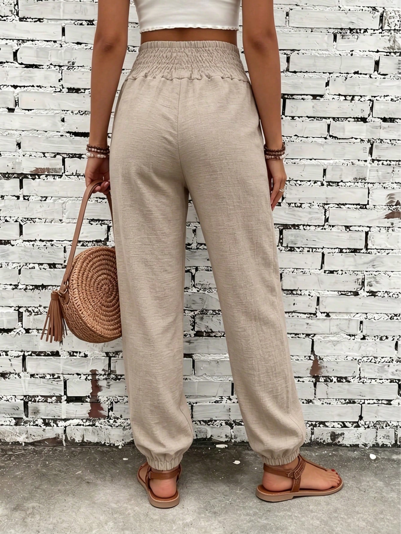 Women's Fashion Commute Solid Color Faux Linen Waist Tie Pocket Long Pants, Casual Fashion Trousers