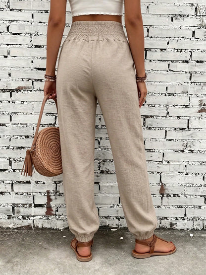 Women's Fashion Commute Solid Color Faux Linen Waist Tie Pocket Long Pants, Casual Fashion Trousers