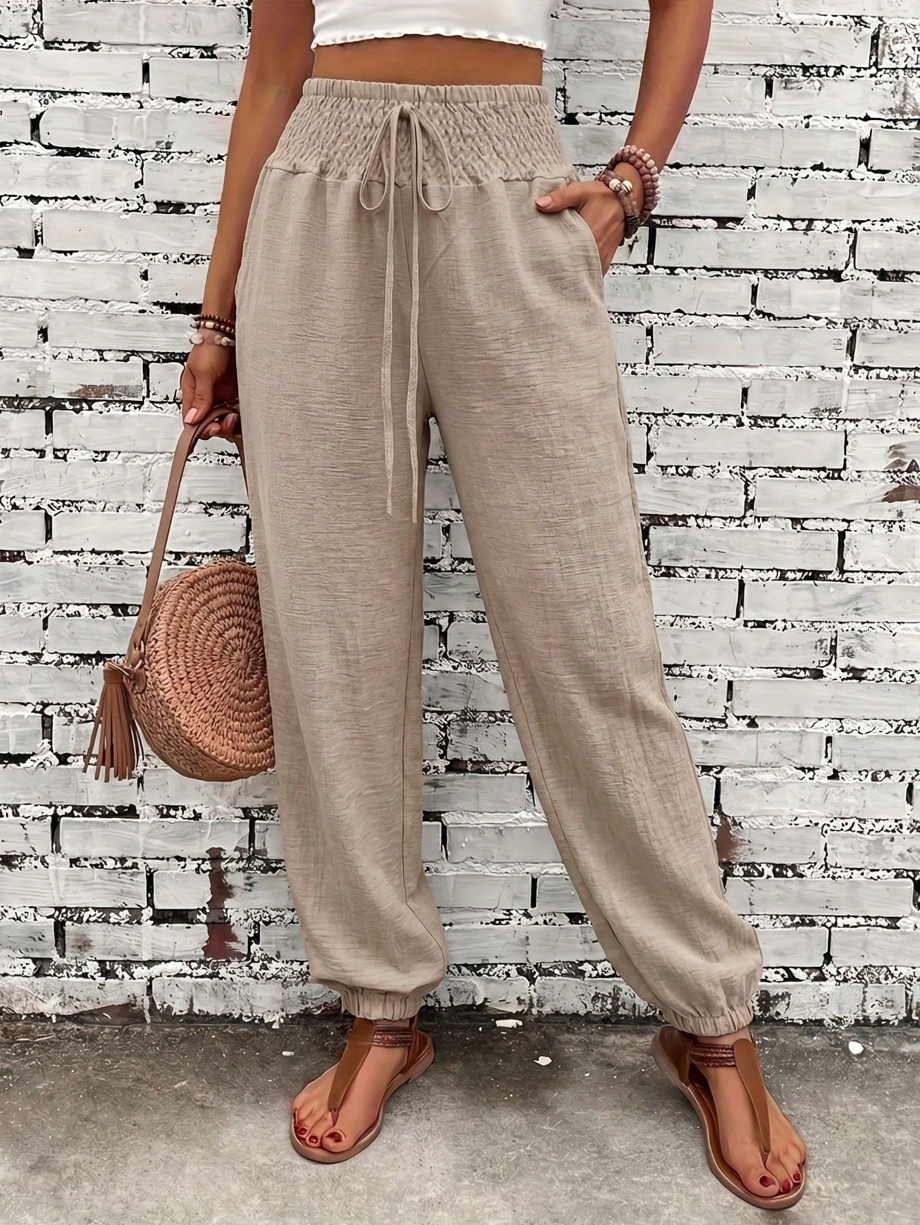 Women's Fashion Commute Solid Color Faux Linen Waist Tie Pocket Long Pants, Casual Fashion Trousers