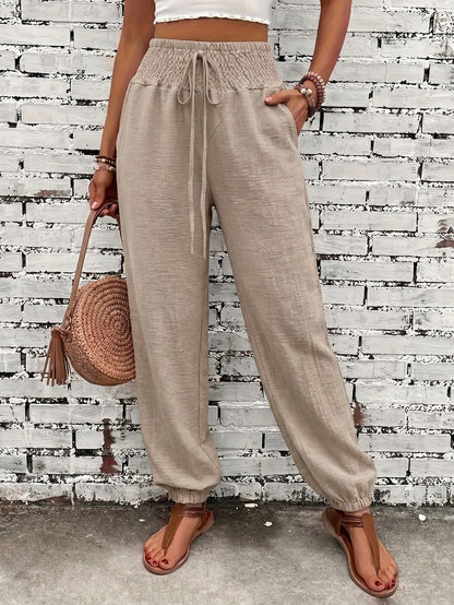 Women's Fashion Commute Solid Color Faux Linen Waist Tie Pocket Long Pants, Casual Fashion Trousers
