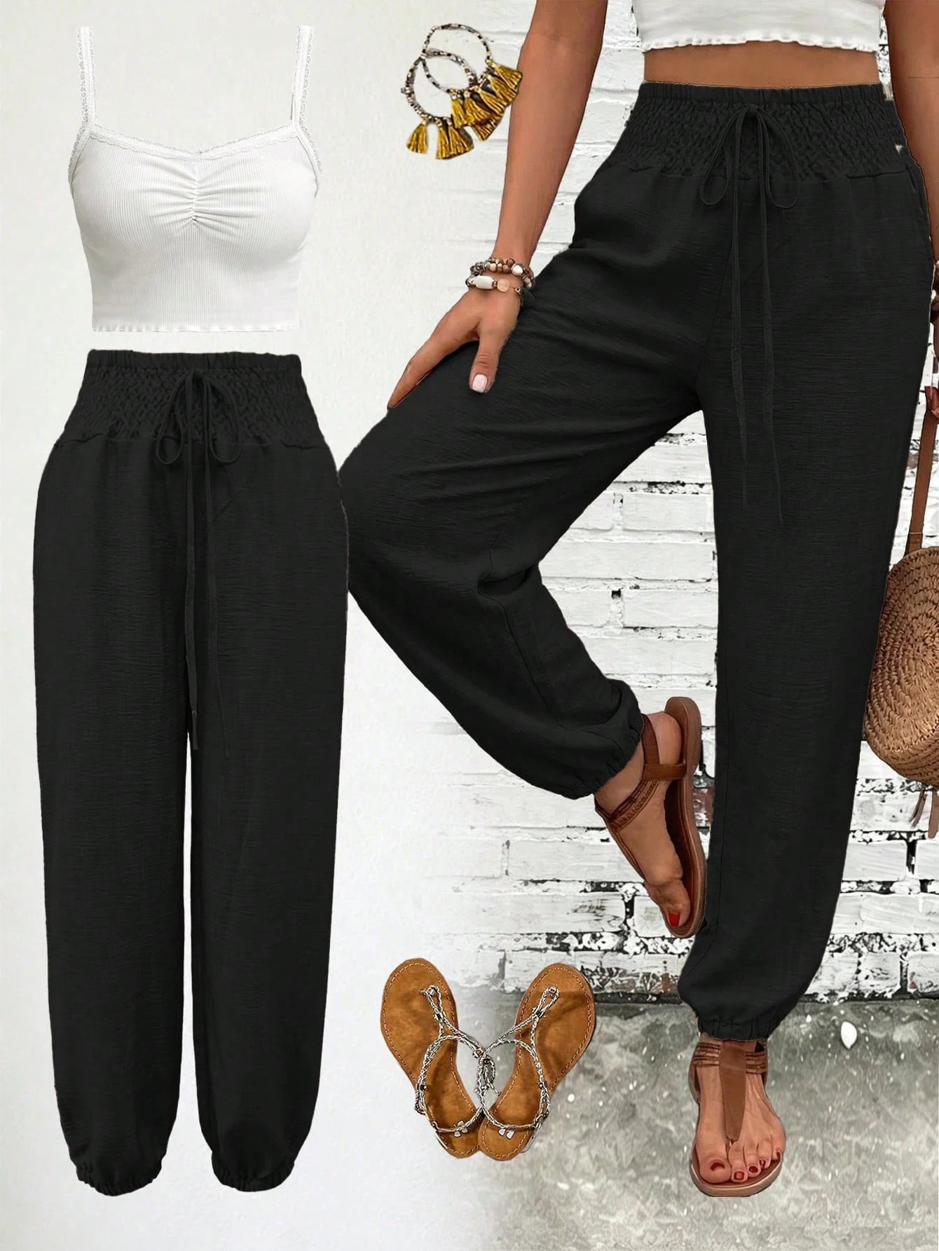 Women's Fashion Commute Solid Color Faux Linen Waist Tie Pocket Long Pants, Casual Fashion Trousers