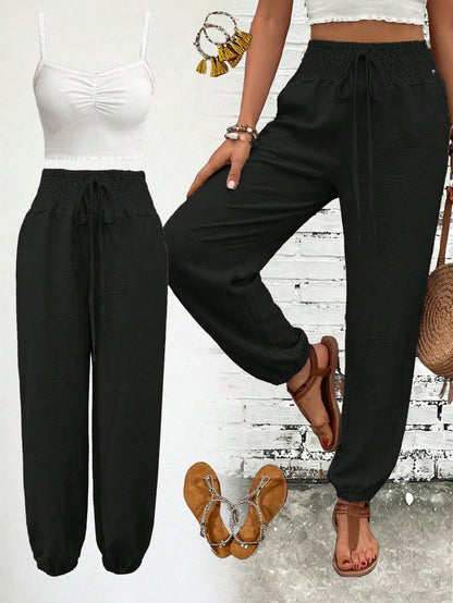 Women's Fashion Commute Solid Color Faux Linen Waist Tie Pocket Long Pants, Casual Fashion Trousers