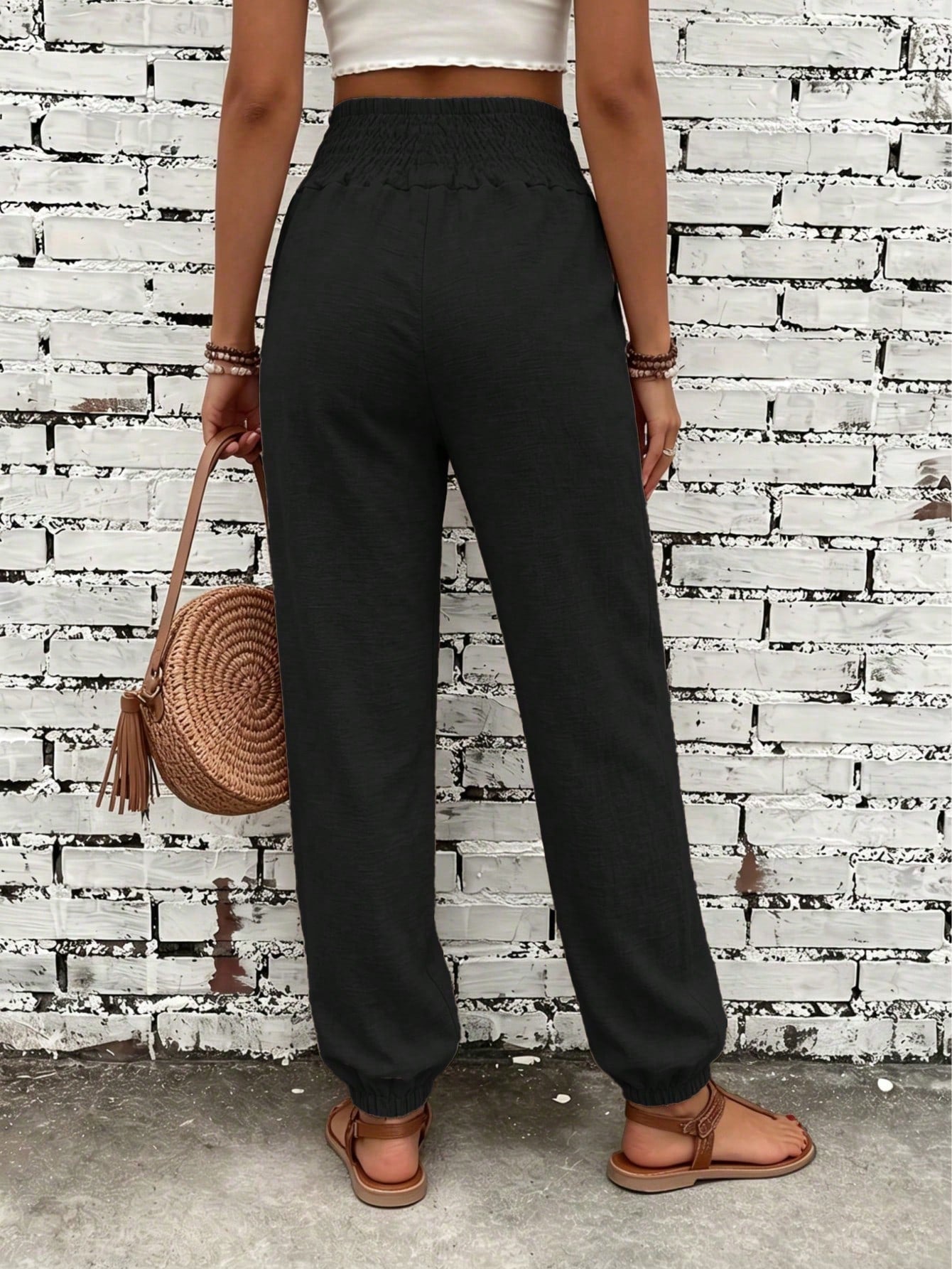 Women's Fashion Commute Solid Color Faux Linen Waist Tie Pocket Long Pants, Casual Fashion Trousers