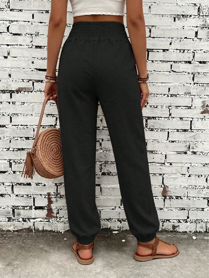 Women's Fashion Commute Solid Color Faux Linen Waist Tie Pocket Long Pants, Casual Fashion Trousers