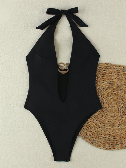 Women's Fashionable Elegant Black Sexy Halter Metal Buckle Decor Casual Bikini Set Set, Suitable For Beach, Party, Gathering Vacation Summer