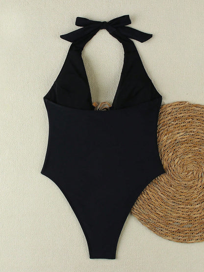 Women's Fashionable Elegant Black Sexy Halter Metal Buckle Decor Casual Bikini Set Set, Suitable For Beach, Party, Gathering Vacation Summer