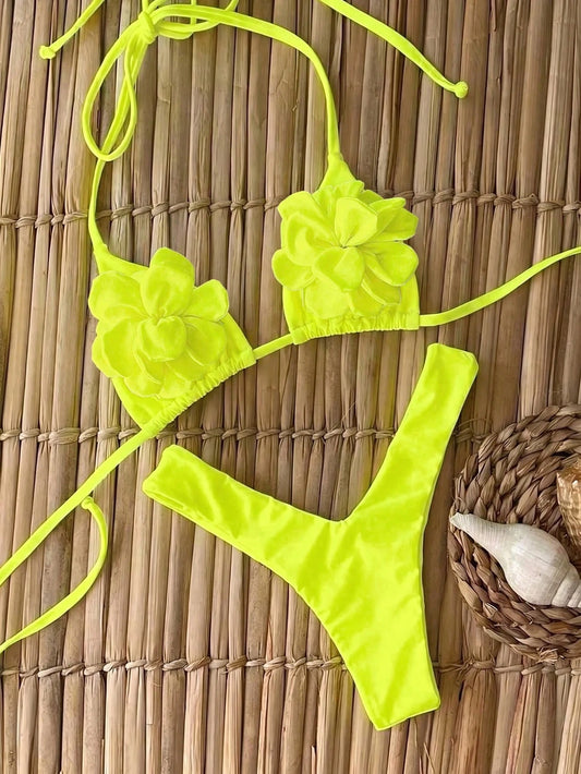 Women's Fashionable Elegant Bright Yellow Floral Decor Sexy Halter Casual Bikini Set Set, Suitable For Beach, Party, Gathering Vacation Summer