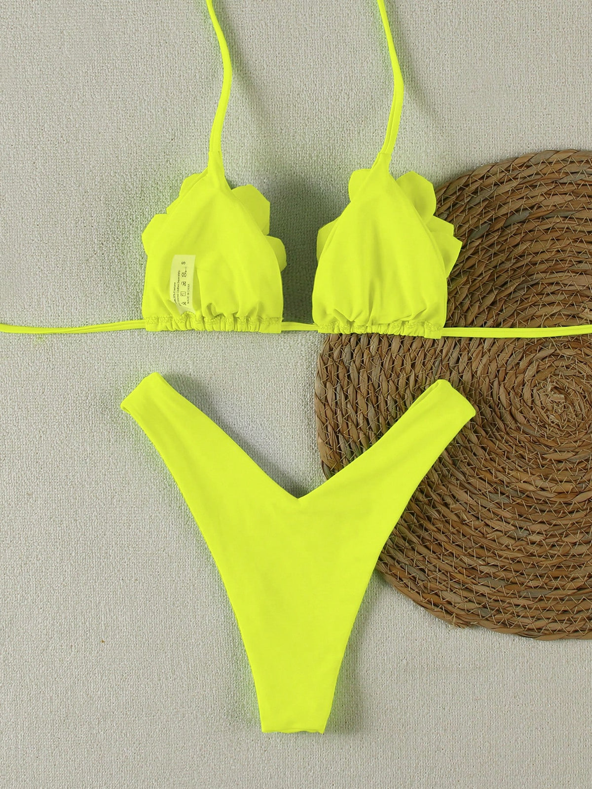 Women's Fashionable Elegant Bright Yellow Floral Decor Sexy Halter Casual Bikini Set Set, Suitable For Beach, Party, Gathering Vacation Summer
