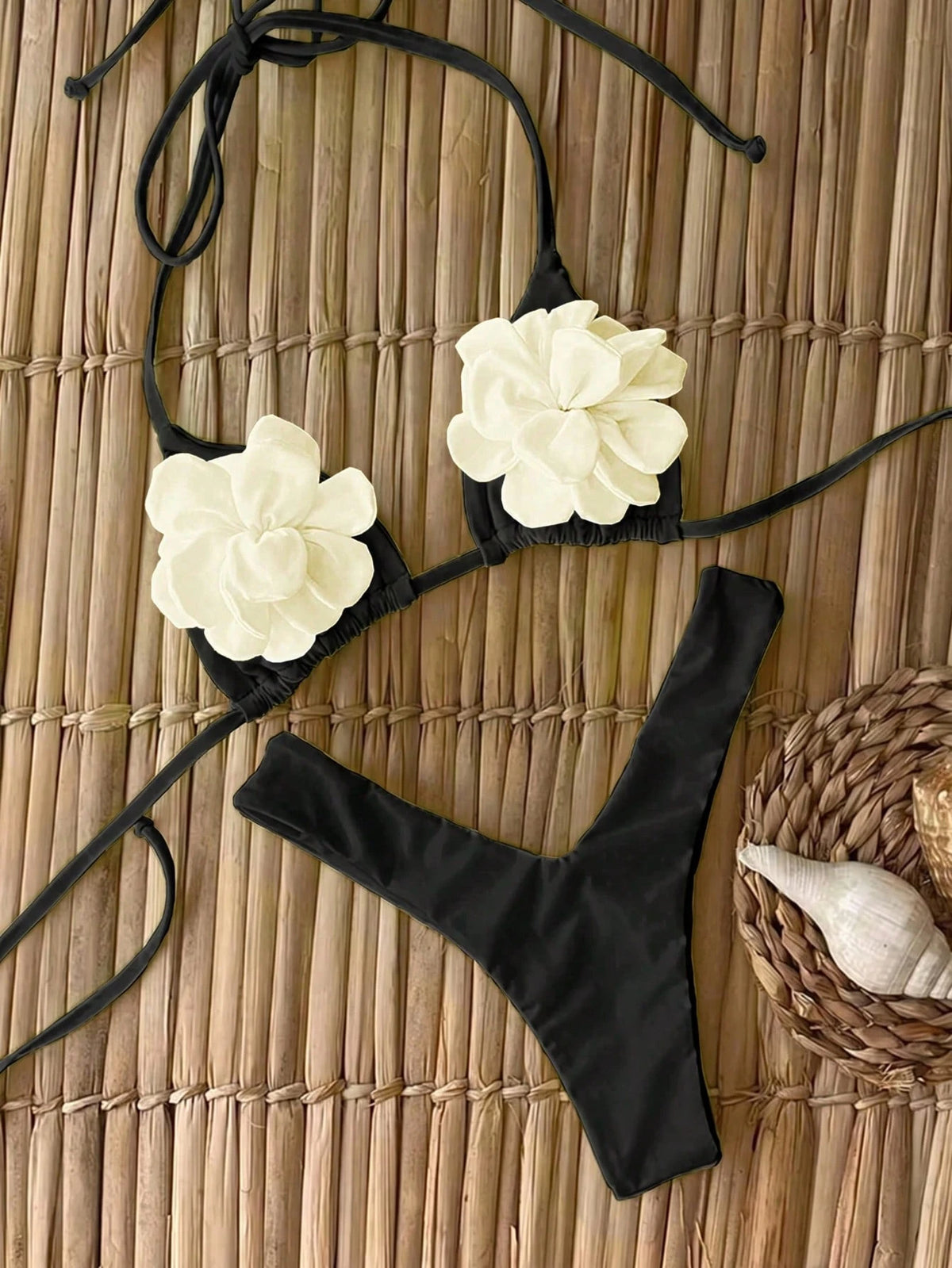 Women's Fashionable Elegant Bright Yellow Floral Decor Sexy Halter Casual Bikini Set Set, Suitable For Beach, Party, Gathering Vacation Summer