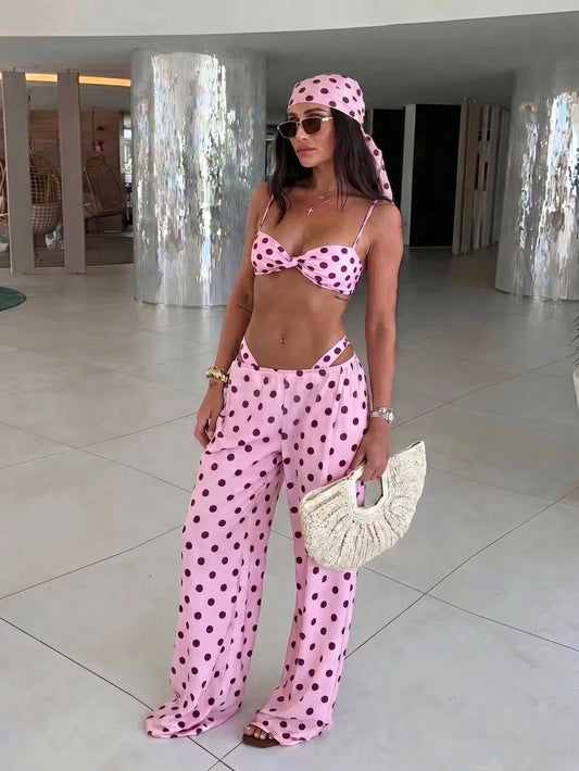 Women's Fashionable Elegant Spring/Summer Beach Vacation Pink-Brown Polka Dot Print Sexy Spaghetti Strap Casual Bikini Set Set With Pants, Suitable For Party And Gathering