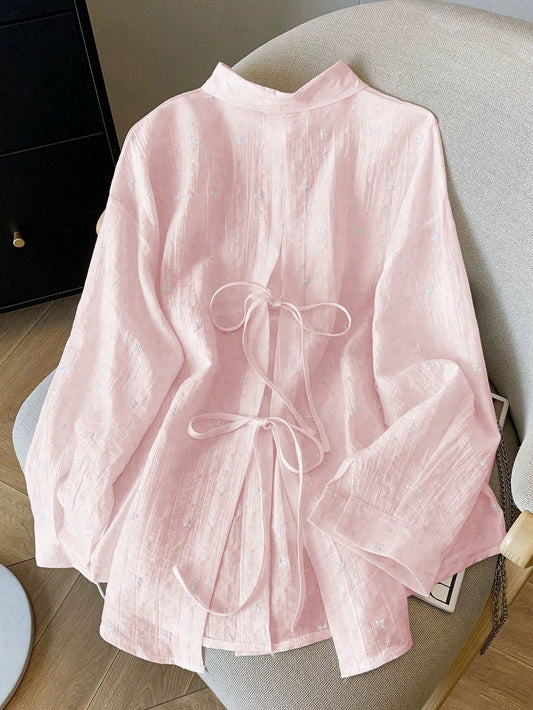Women's Fashionable Loose Thin Backless Tie Cuff Long Sleeve Blouse, Spring And Summer