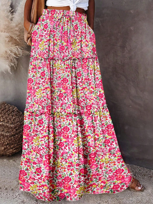 Women's Floral Print Layered Ruffle Hem Casual Vacation Summer Boho Skirt