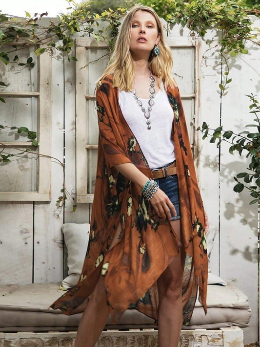 Women's Floral Print Loose Kimono Cover-Up Summer Vacation Beach