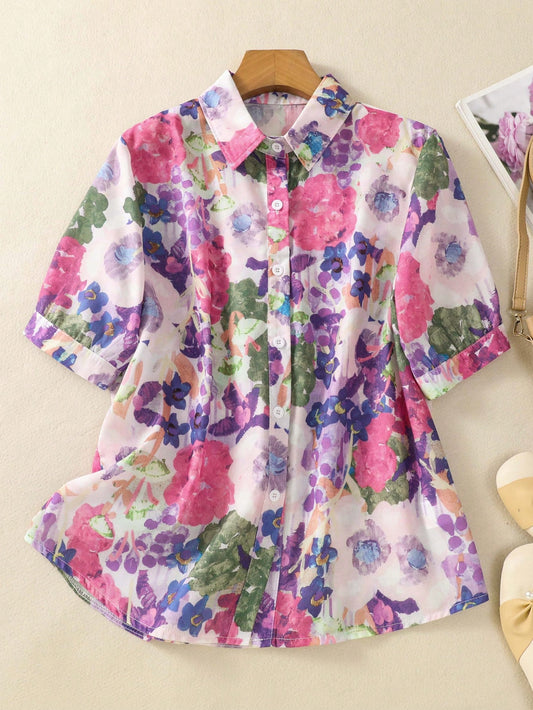 Women's Floral Print Loose Short Sleeve Shirt – Collared Button Front Top For Spring Summer, Office Daily Vacation Outfits, Summer Tops Pink