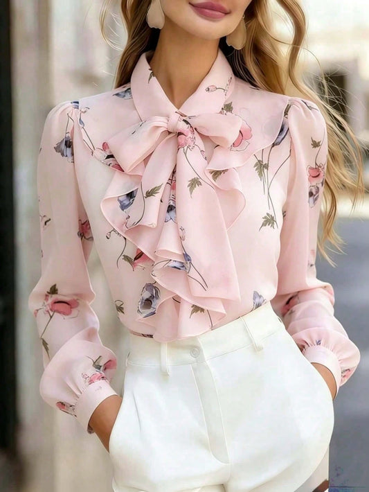 Women's Floral Sheer Long Sleeve Blouse, Bow Tie Button Front Chiffon Top, Elegant For Office, Home, Vacation, Daily Wear, All Seasons Pink