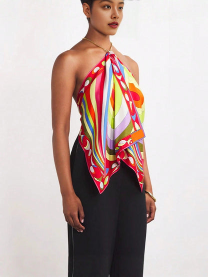 Women's Halter Neck Printed Tube Top INS Loose Vacation Party Backless Satin Casual Resort Holiday Set, Outfits Women Vacation, Summer Outfits Y2K