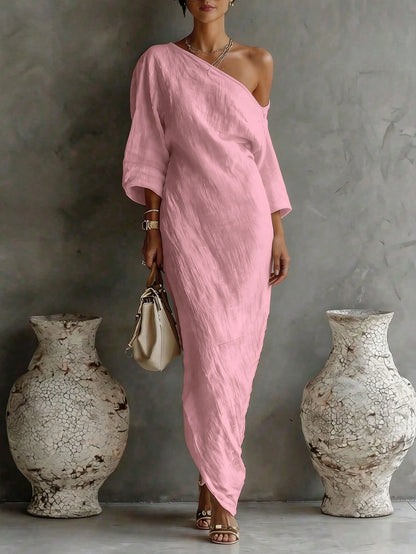 Women's Loose Fit Ankle-Length Textured Off-Shoulder Dress,Soft Pink,Summer,Casual,Vacation,Relaxed Silhouette Comfortable Daily Wear Versatile Style