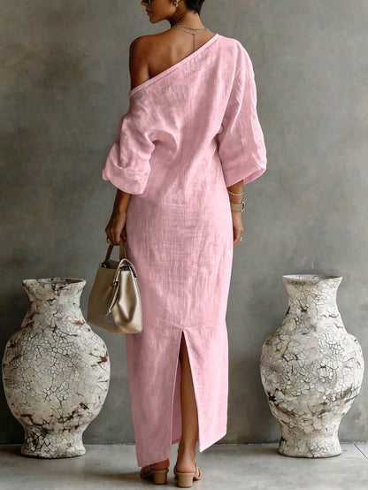 Women's Loose Fit Ankle-Length Textured Off-Shoulder Dress,Soft Pink,Summer,Casual,Vacation,Relaxed Silhouette Comfortable Daily Wear Versatile Style